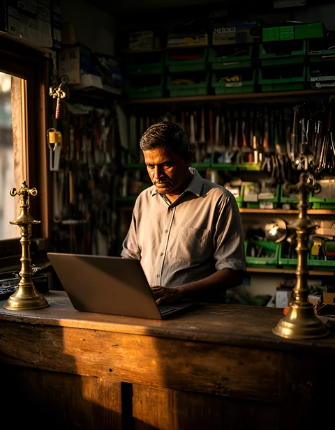 Hardware store owner checking his laptop at the shop counter