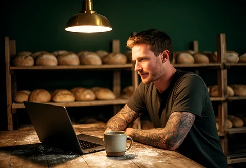 Bakery owner working through his week at the counter before opening