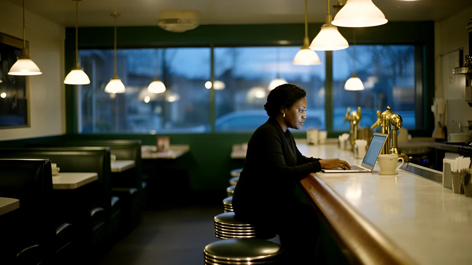 Diner owner reviewing numbers on a laptop at her counter after closing