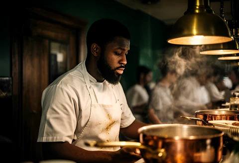 Restaurant owner at the pass of his kitchen during service